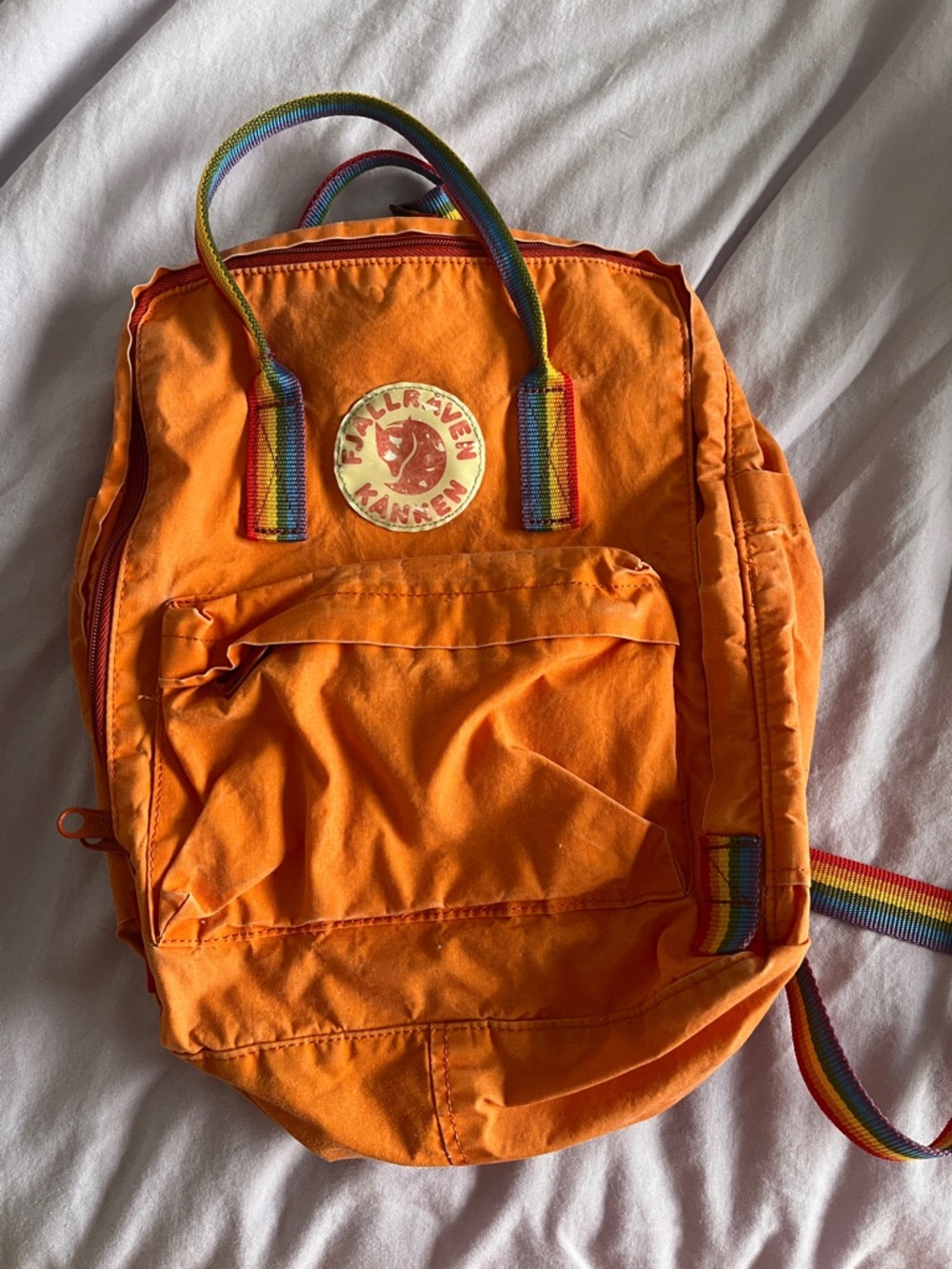 Fjallraven Orange Kanken Backpack with Rainbow Straps